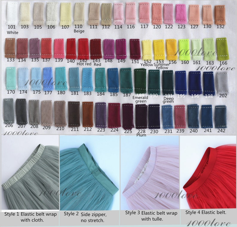 May include: A color chart of 42 different fabric swatches, with a variety of colors, including white, beige, red, green, and plum. The swatches are arranged in rows and columns, and each swatch is labeled with a number. Below the chart are four images of tulle skirts, each with a different style of waistband. The first skirt has an elastic waistband with cloth, the second has a side zipper, the third has an elastic waistband with tulle, and the fourth has an elastic waistband.
