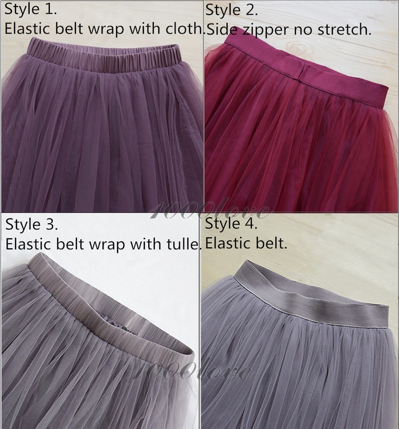 May include: Four different styles of tulle skirts. The first skirt is a purple tulle skirt with an elastic waistband. The second skirt is a burgundy tulle skirt with a side zipper. The third skirt is a gray tulle skirt with an elastic waistband. The fourth skirt is a gray tulle skirt with an elastic waistband.