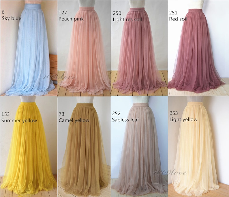 May include: A set of ten tulle skirts in various colors, including sky blue, peach pink, light rose, red soil, summer yellow, camel yellow, sapless leaf, and light yellow. The skirts are all full-length and have a gathered waist.