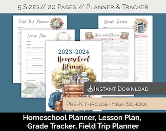 Homeschool Printable Planner, Lesson Planner, Grade Tracker, Home School Schedule | 5 Sizes