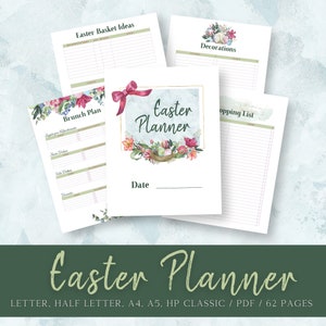 Puede incluir: Planificador de Pascua imprimible con ilustraciones florales. El planificador incluye secciones para ideas de cestas de Pascua, decoraciones, un plan de brunch, una lista de compras y una fecha para el evento. El planificador está disponible en tamaños carta, media carta, A4, A5 y HP Classic. Tiene 62 páginas.