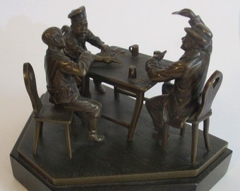 antique bronze statue 3 cardplayers in bistro R. Hubold