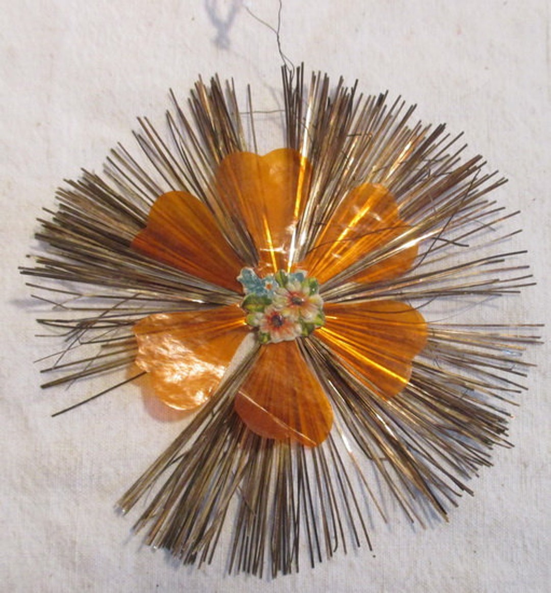 Antique Christmas Tree Tinsel Ornament With Flower Scrap Etsy