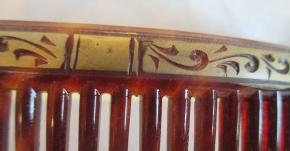 antique art deco red celluloid hair comb gold pai… - image 3