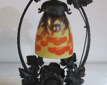 art deco wrought iron table lamp Le Verre Francais  shade