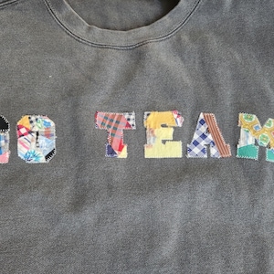 Sudadera de cuello redondo con letras de colcha personalizadas - Letras con apliques de colcha vintage - Elija el color y la talla en la lista