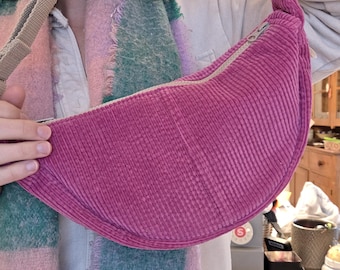 Upcycled Pink Corduroy Sling Bag - Crossbody Belt Bag, 7 Pockets