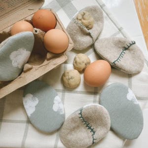 Puede incluir: Seis huevos marrones en una caja de cart&oacute;n para huevos, junto a seis bolsas de tela con forma de huevo. Tres bolsas son beige con costuras verdes, y tres bolsas son verdes con dise&ntilde;os de nubes blancas. Tambi&eacute;n hay tres galletas de chocolate con chispas marrones sobre una superficie a cuadros blancos y verdes.