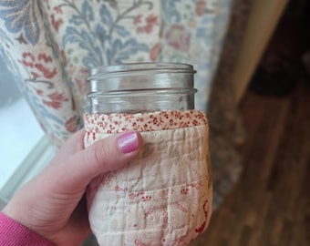 Handmade Quilted Mason Jar Coozie | Vintage Fabric Drink Cozy