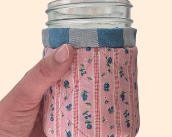 Handmade Quilted Mason Jar Coozie | Vintage Fabric Drink Cozy