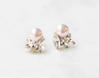 Blush Pearl & Crystal Earrings • Silver or Gold • Pearl Wedding Earrings • Crystal and Blush Pearl Bridal Studs