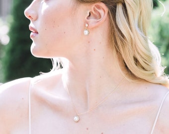Halo Pearl Drop Earrings and Necklace Set: Crystal Bridal Jewelry