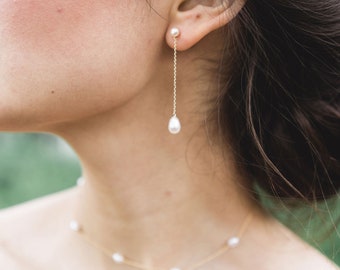 Boucles d'oreilles longues en forme de larme • Bijoux de mariée en perles d'eau douce • Bijoux de mariage en perles