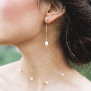 Teardrop Freshwater Pearl Long Earrings: Bridal Wedding Jewelry