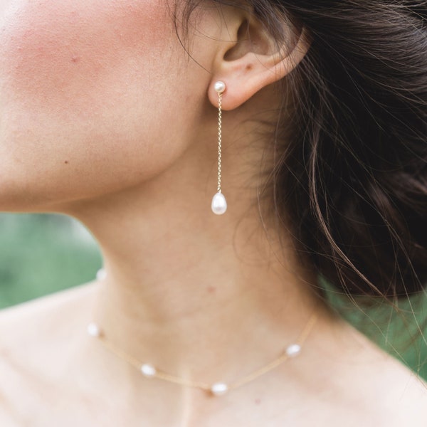 Teardrop Pearl Long Earrings • Freshwater Pearl Bridal Jewelry • Pearl Wedding Jewelry