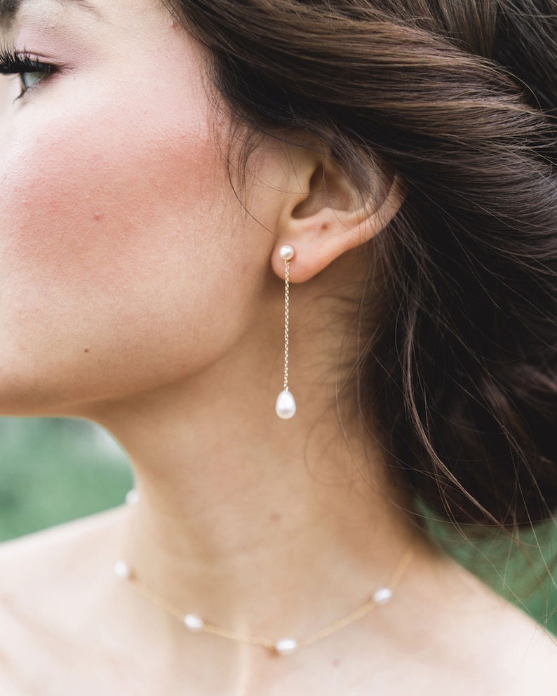 Teardrop Pearl Long Earrings • Freshwater Pearl Bridal Jewelry • Pearl Wedding Jewelry 