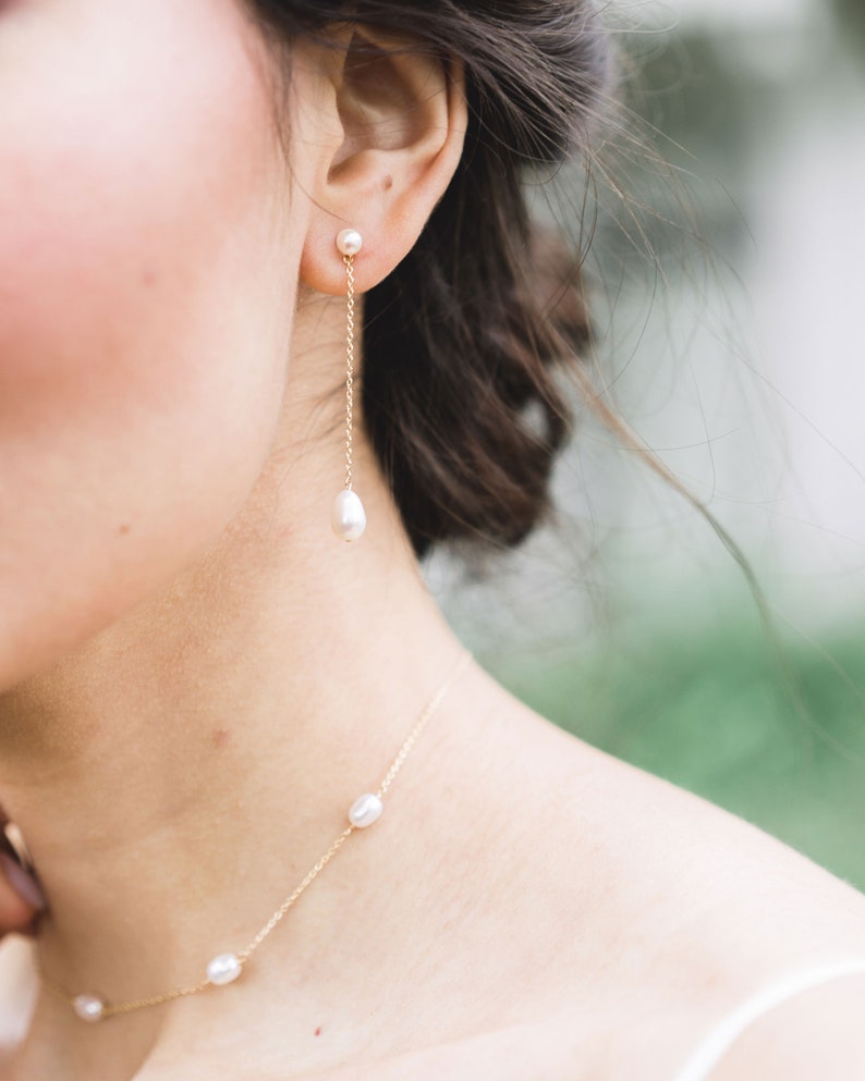 Teardrop Pearl Long Earrings Freshwater Pearl Bridal Jewelry Pearl Wedding Jewelry image 3