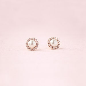 Halo Pearl Stud Earrings • Rose Gold or Gold or Silver • Ready to Ship • Pearl Bridal Earrings • Crystal and Pearl Studs