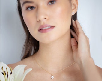 Bridal Jewelry Set • Petite Celestial Stud Earrings & Pearl Drop Necklace • READY TO SHIP • Pearl and Crystal Jewelry Set