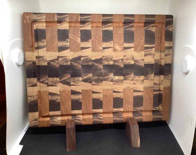 Black Walnut/Cherry Cutting board with Juice Grove, Feet and Free Display Easel