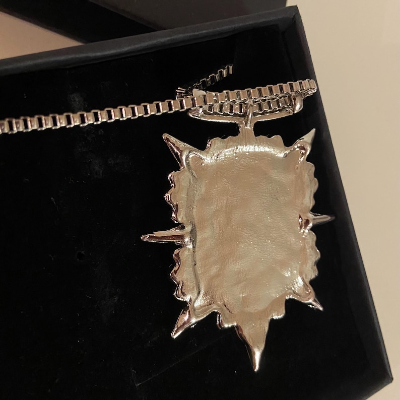 Puede incluir: Collar con colgante plateado con dise&ntilde;o de estrella. El colgante tiene una superficie texturizada y est&aacute; unido a una cadena. El collar se muestra en una caja negra, creando un contraste con el metal brillante.