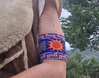 Sun Colorful Beaded Bracelet Cuff | Extra Wide Tribal Ceremony Jewelry | Support indigenous tribe Colombia | Native Aztek pattern | Handmade