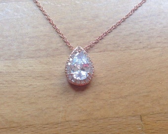 Stunning rose gold plated cubic zirconia teardrop bridal necklace