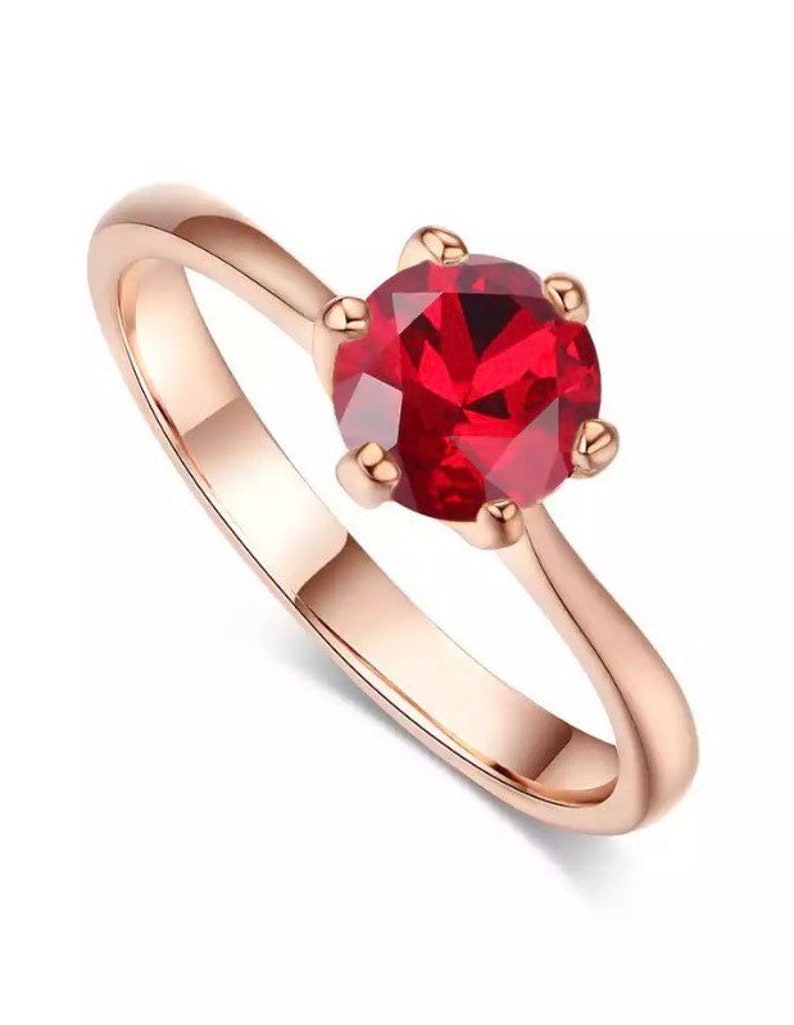 Rose gold plated Red zircon in tall 6-claw ring image 2