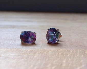 Large Oval Rainbow Fire Mystic Topaz Sterling Silver Stud Earrings