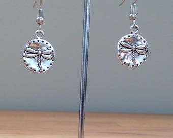 Minimalist silver dragonfly imprint on coin earrings