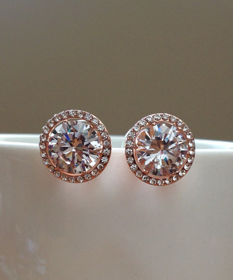 Large Rose gold round cubic zirconia bridal stud earrings