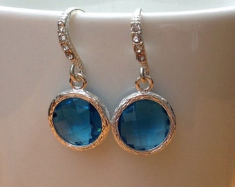 Silver and blue/ turquoise/ aqua/ peacock blue bezel framed crystal earrings