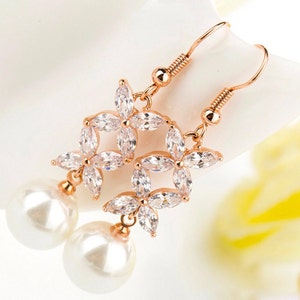 Rose gold plated floral crystaland pearl earrings image 2