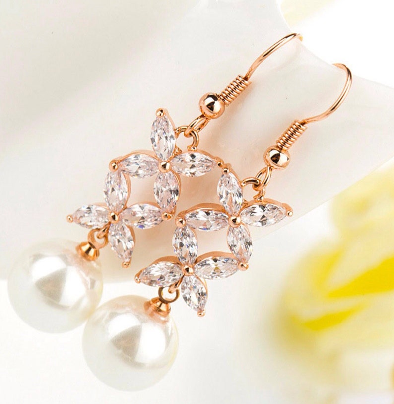 Rose gold plated floral crystaland pearl earrings image 2