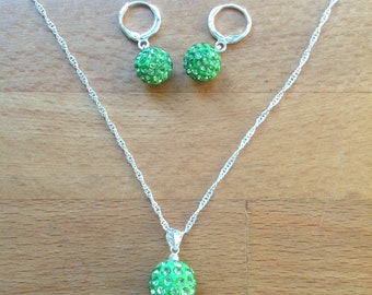 Green disco ball dangley earring an necklace set