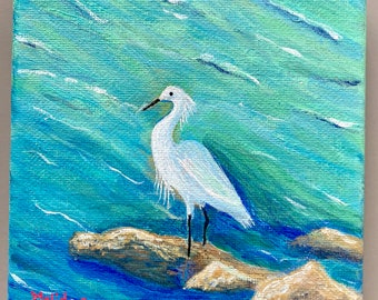 Snowy Egret Bird Original Acrylic Painting On Canvas, Water Bird Art 5"x5" Egret Art Gift, Christmas Gift