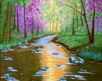 反射画、アートプリント、川のアート、夕焼けの風景画、ギフトアイデア、Melidasart