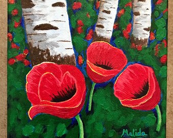 Red Poppies Original Painting, Poppies and Aspens Painting, Wildflower Art, Veteran gift, Gift, 6x6x1.5 In