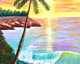 マウイ島の夕日の絵画、ハワイの絵画、ハワイのビーチ、ビーチの絵画、海景アート、アートプリント、ギフトアイデア、Melidasart