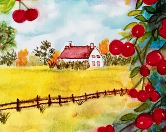 Cherry Tree Watercolor Painting, Cherries Art, Watercolor Art, Cherry Tree, Landscape Painting,   Unique Gift, 4x6, MelidasArt