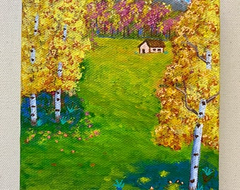 Autumn Landscape Painting, Original Acrylic on Canvas, 5x7