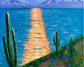 サグアロ湖の夕焼けの絵画、湖の反射の絵画、アリゾナの芸術、砂漠の絵画、サイズを選択、メリダ・スワート作