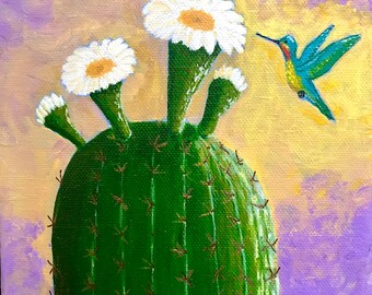 Original Hummingbird and Saguaro Cactus Painting of Arizona Desert, Hummingbird Art, Saguaro Bloom
