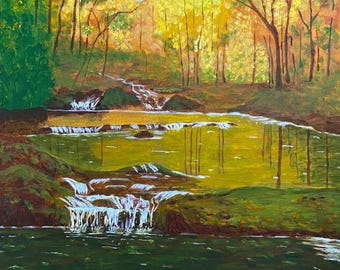 滝の森のオリジナル絵画、滝のアート、自然の川の絵画、10x10 MelidasArt