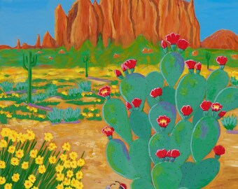 ウチワサボテンの花、スーパースティション山脈の絵画、砂漠のアート、アリゾナのアートプリント、ギフトアイデア、山のアート、砂漠の春、メリダサート