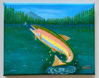 Rainbow Trout ORIGINAL Painting Fish Art Lake Fishing Trout Art Gift, Art For Fishers Gift for Him Christmas Gift