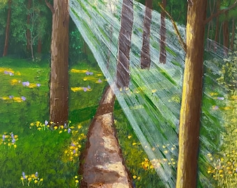 Spring Trail Painting, Sedona Original Art Acrylic Wildflowers Landscape, Path Reflection 8x10