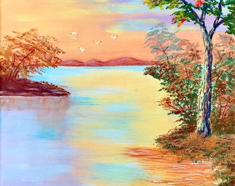 マジックサンセットレイクアートプリント、ジクレー、9x12