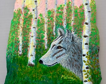 Wolf painting on a flat stone Wolf in Aspens Art 5"x5" Gift for Dad