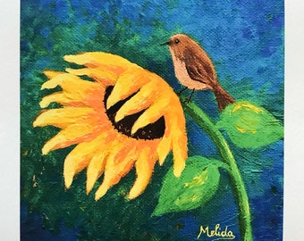 ひまわりと鳥のジクレー版画、春の野花の絵画